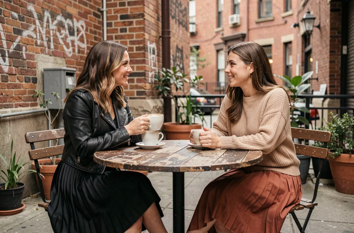 Deux femmes assises en terrasse urbaine portant des jupes plissées tendance en satin noir et rouille avec des vestes et pulls