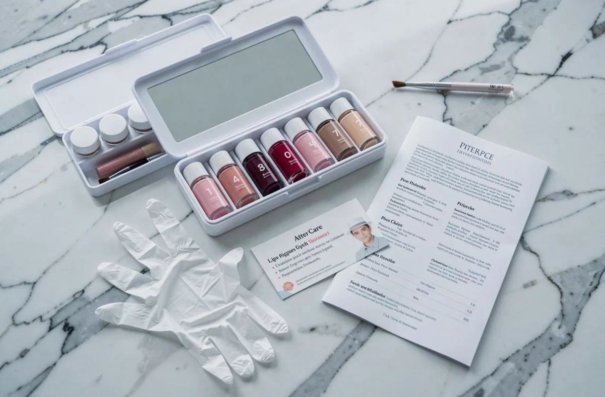 Kit de pigments et tarif pour teinture permanente des lèvres présentés sur un comptoir en marbre dans un institut