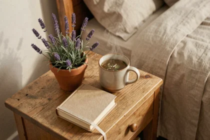 Table de nuit en bois avec un pot de lavande en fleurs, une tasse de tisane et un livre fermé pour favoriser le sommeil naturel
