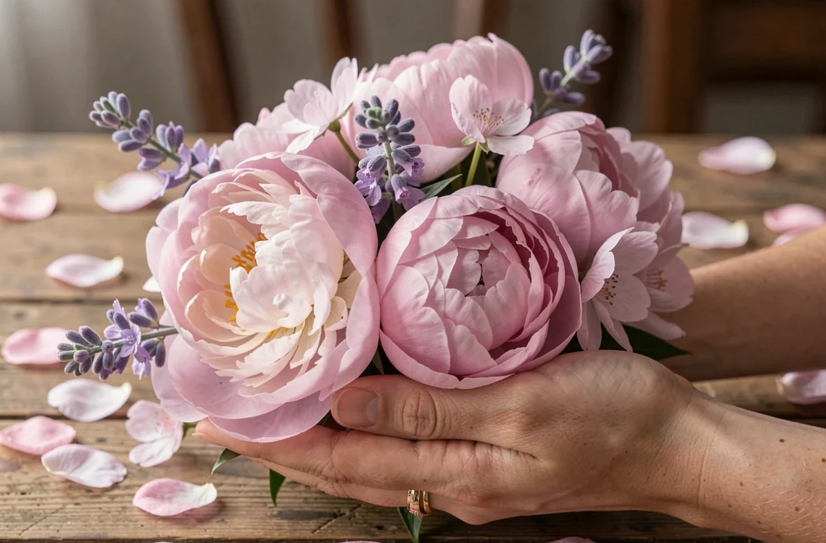 Mains féminines tenant un bouquet de pivoines et lavandes, fleurs symbolisant la femme et la féminité