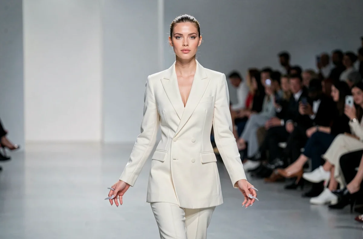 Mannequin sur un podium de Fashion Week avec une manucure minimaliste grise et ligne négative