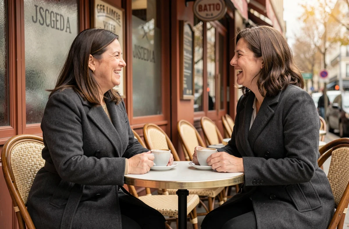 Deux femmes discutant en terrasse de café à Paris, l'une portant un manteau portefeuille structuré gris anthracite