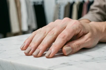 Manucure minimaliste nude sur fond de marbre blanc en coulisses d'une Fashion Week