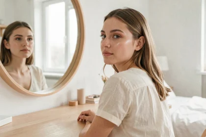 Jeune femme appliquant un maquillage effet peau nue devant un miroir dans une chambre minimaliste
