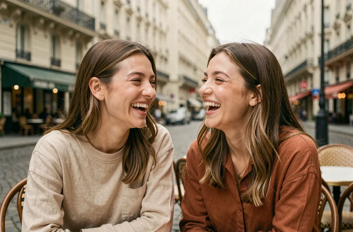 Deux jeunes femmes avec un maquillage naturel effet peau nue riant à une terrasse de café parisienne