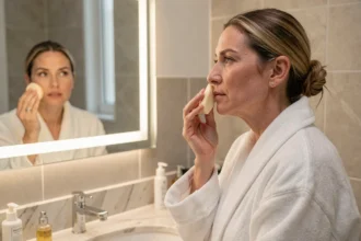 Femme dans la trentaine appliquant du fond de teint avec une éponge devant un miroir de salle de bain, illustrant la routine maquillage quotidienne et ses effets sur la peau