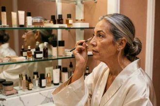Femme de 50 ans appliquant un eye-liner marron devant un miroir de salle de bain élégante, maquillage des yeux naturel et soigné