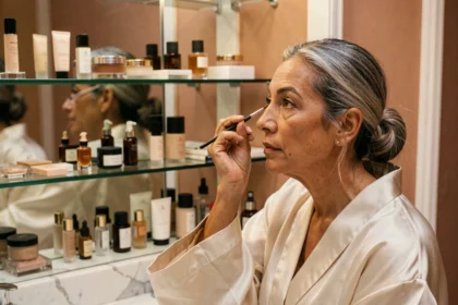 Femme de 50 ans appliquant un eye-liner marron devant un miroir de salle de bain élégante, maquillage des yeux naturel et soigné