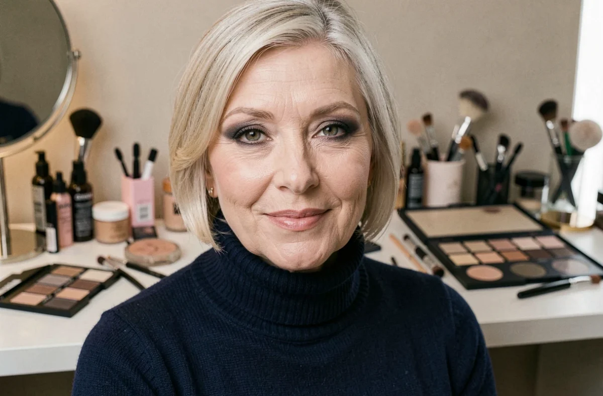 Femme confiante après 50 ans avec un maquillage fumé taupe discret, assise dans un studio beauté professionnel entouré de palettes cosmétiques