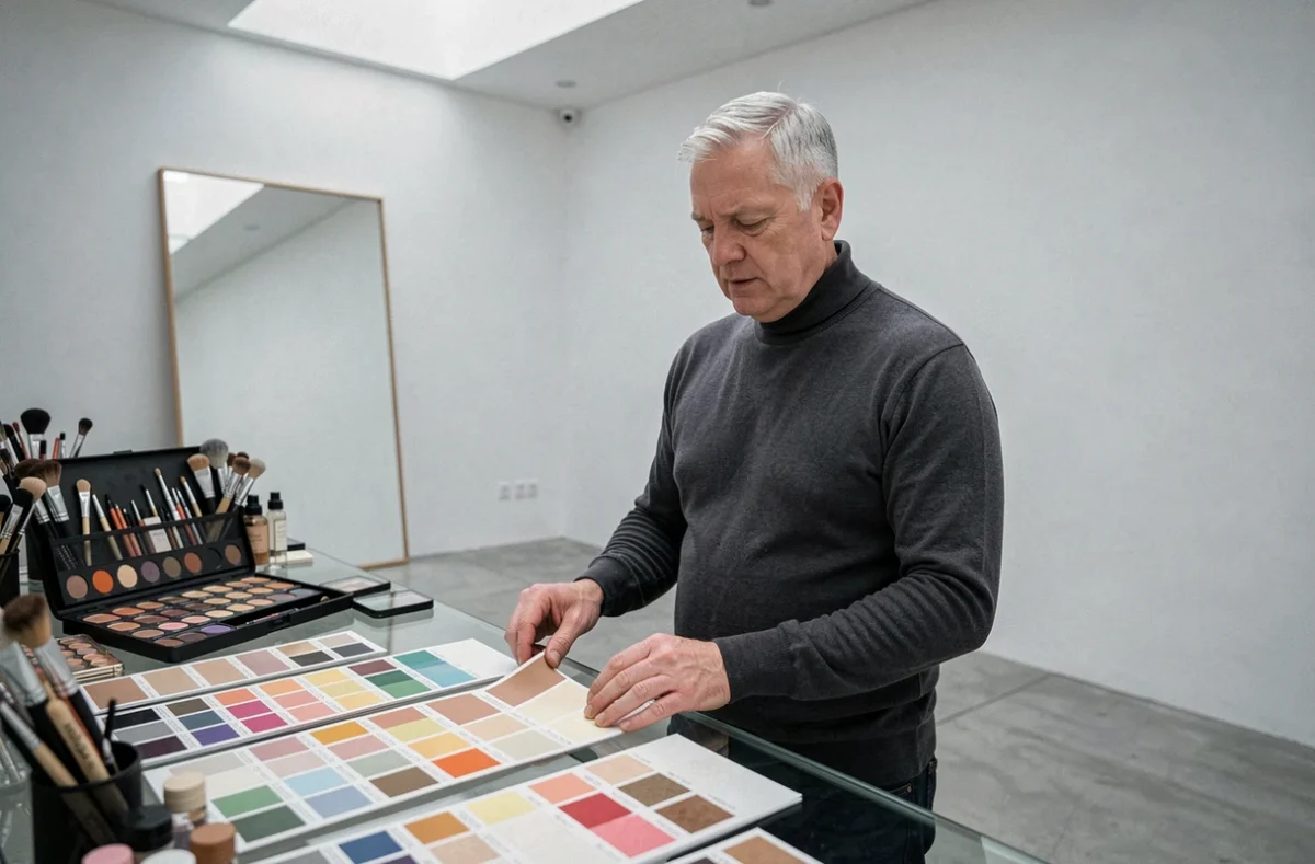 Maquilleur artistique masculin analysant des nuances de couleurs dans un studio éditorial