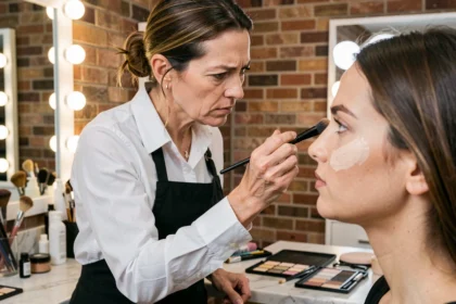Maquilleur professionnel appliquant du fond de teint en backstage dans un studio moderne