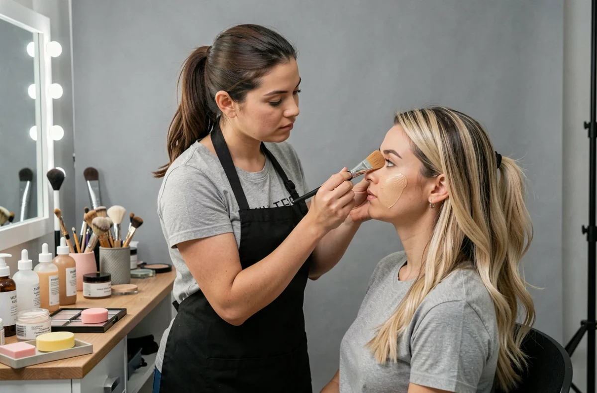 Maquilleuse professionnelle appliquant une base de maquillage au pinceau sur le visage d'un modèle dans un studio beauté