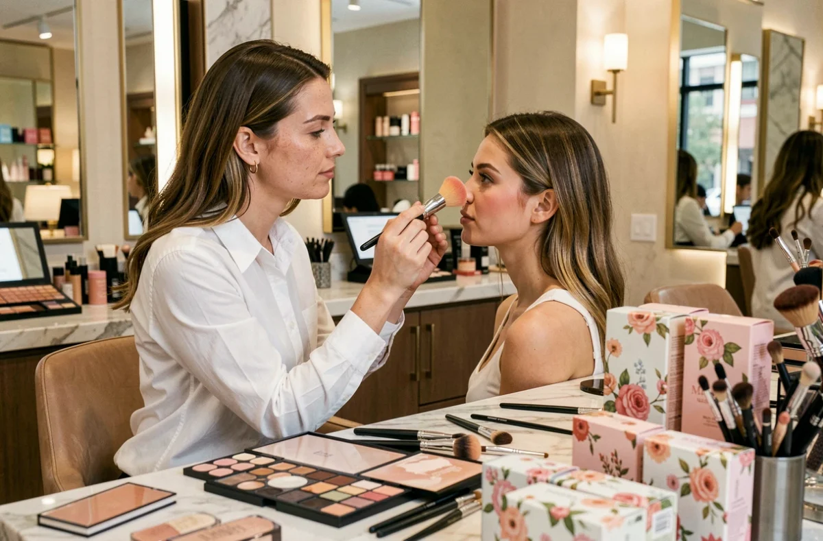 Maquilleuse professionnelle appliquant du blush sur une cliente dans une boutique cosmétique
