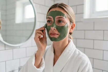 Jeune femme appliquant un masque à l'argile verte sur le visage dans une salle de bain moderne, peau mixte à grasse, soin naturel