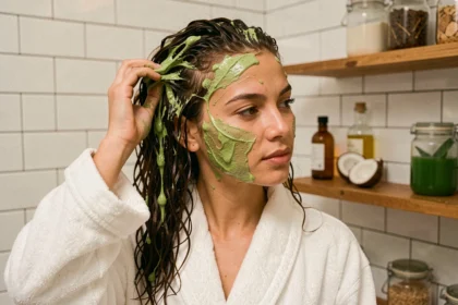 Femme aux cheveux bouclés appliquant un masque hydratant naturel à base d'avocat sur ses cheveux dans une salle de bain