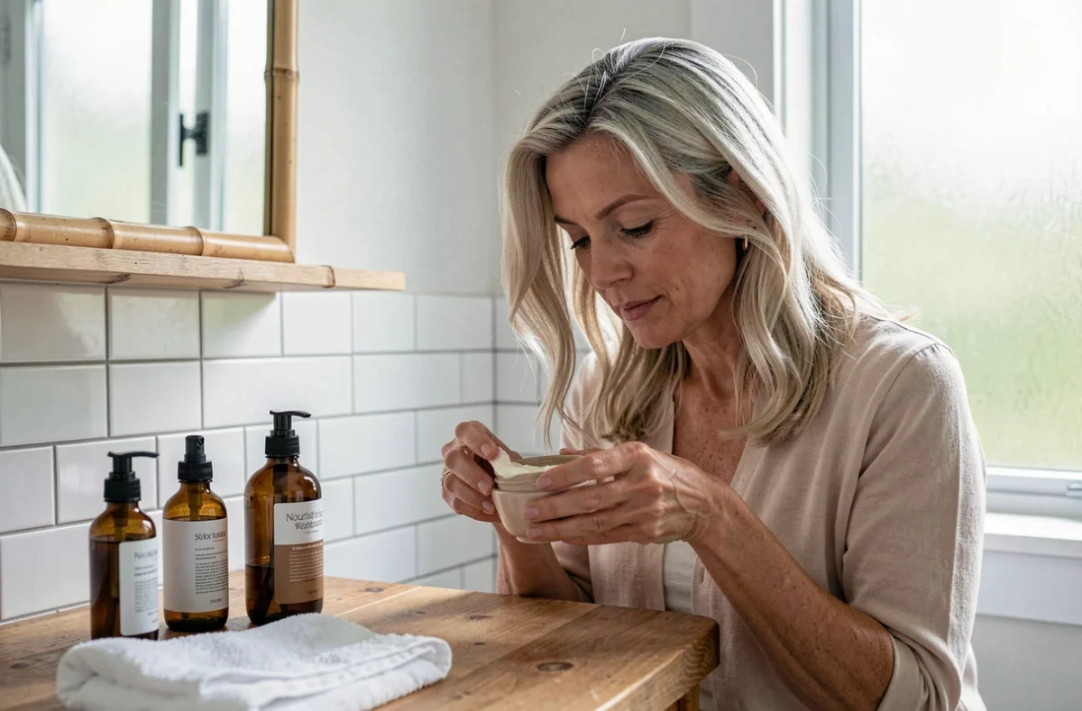Femme appliquant un masque nourrissant sur des cheveux colorés blond cendré dans une salle de bain lumineuse