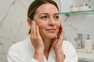 Femme effectuant un massage facial sur ses pommettes devant un miroir de salle de bain en marbre blanc