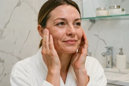 Femme effectuant un massage facial sur ses pommettes devant un miroir de salle de bain en marbre blanc