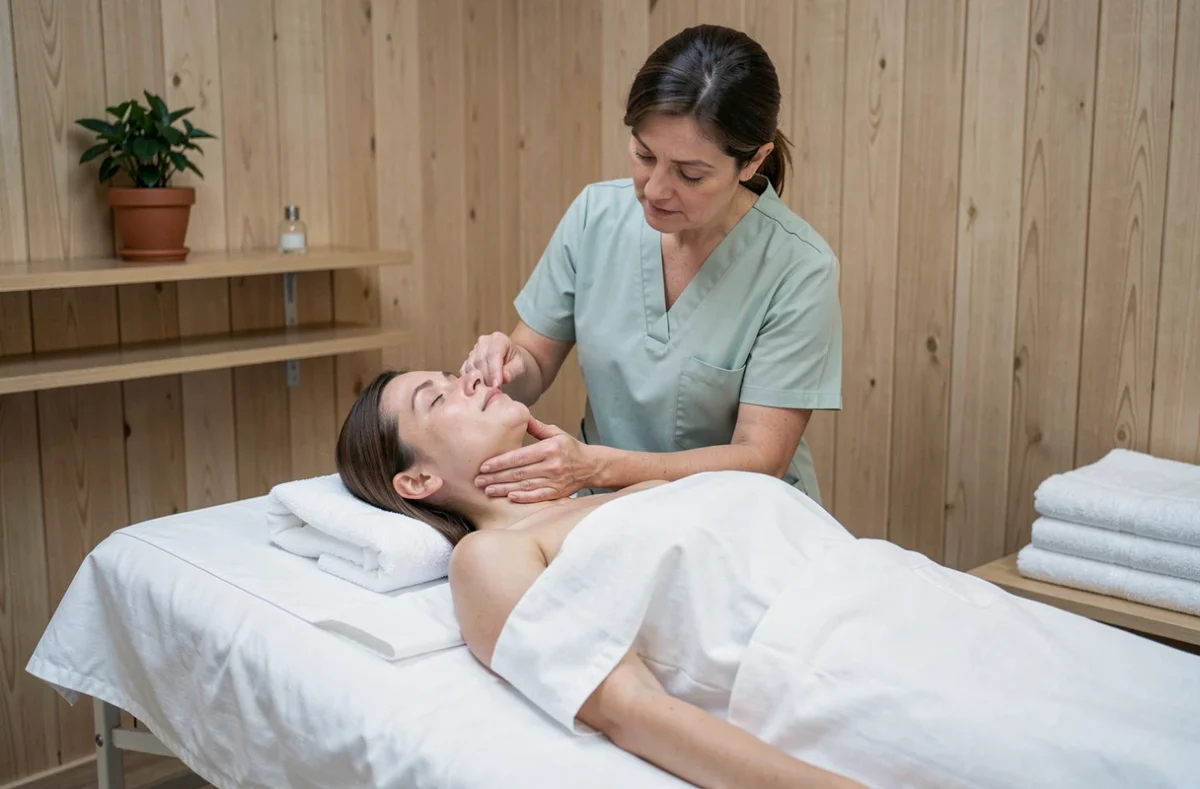 Esthéticienne réalisant un massage facial professionnel sur une cliente allongée dans un institut de beauté
