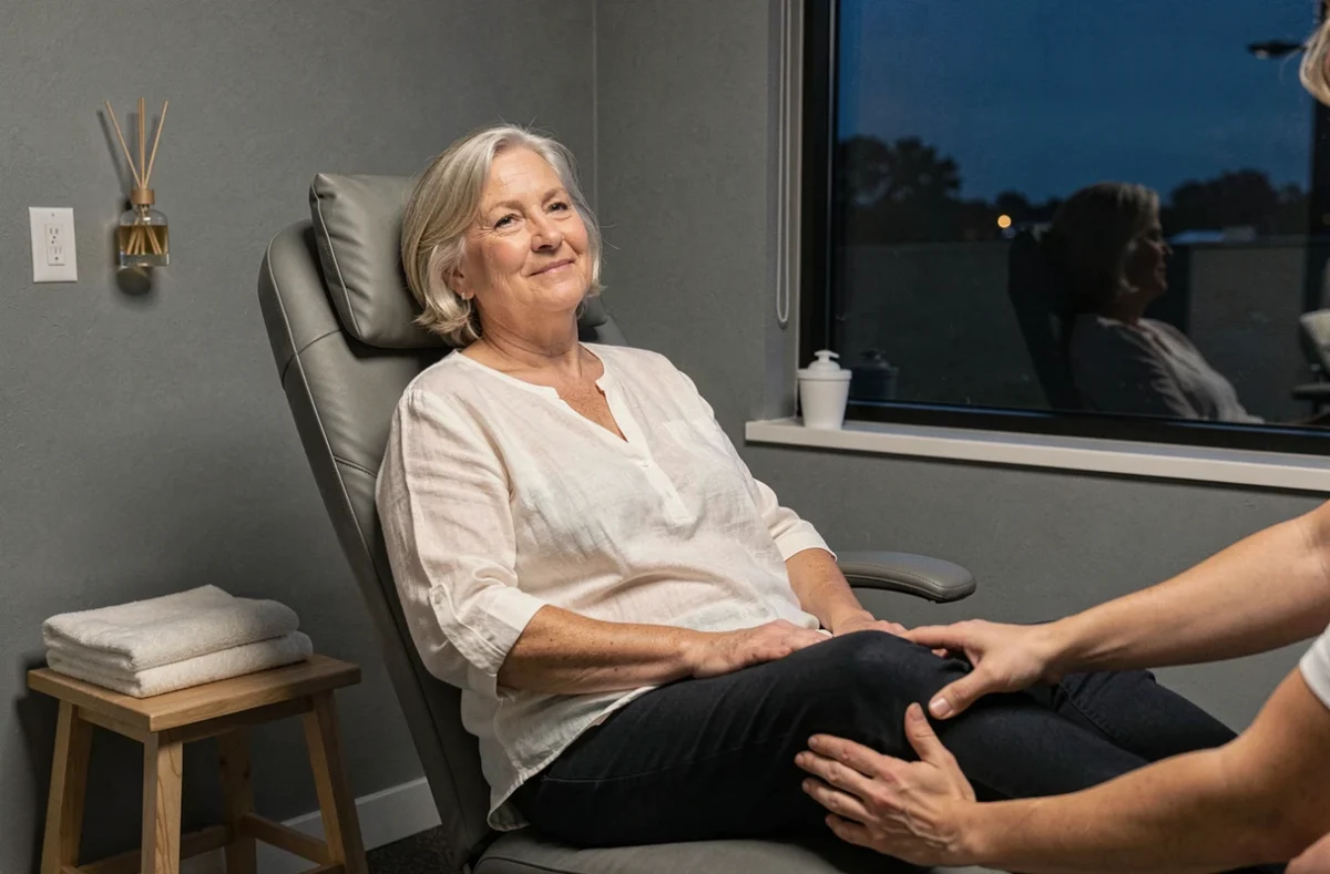 Femme d'une cinquantaine d'années recevant un massage des pieds et des jambes le soir dans une salle de bien-être privée