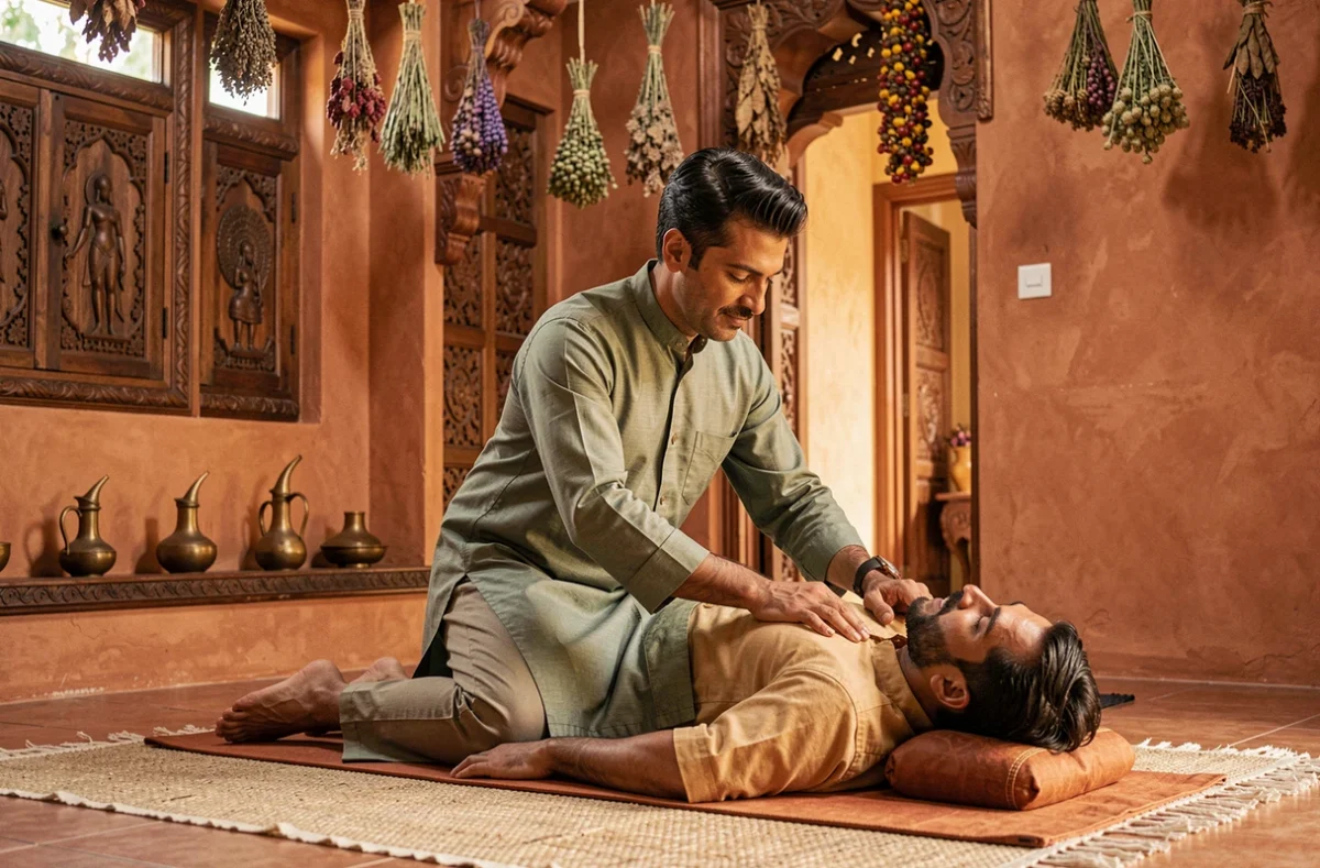 Thérapeute pratiquant un massage royal ayurvédique traditionnel dans une salle décorée aux murs en terre cuite
