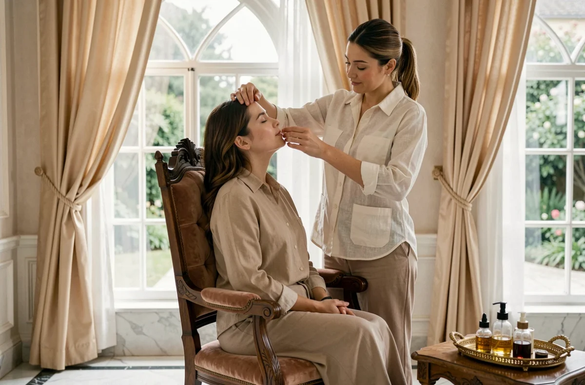 Femme recevant un massage royal du crâne et de la nuque dans un salon de bien-être au décor palatial