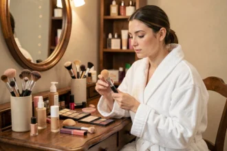 Femme en robe de chambre assise devant une coiffeuse en bois avec une collection complète de matériel de maquillage