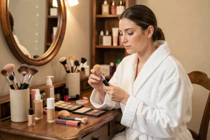 Femme en robe de chambre assise devant une coiffeuse en bois avec une collection complète de matériel de maquillage