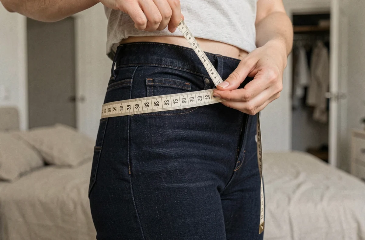 Gros plan d'un mètre ruban autour des hanches d'une femme portant un jean taille 38, avec les centimètres visibles