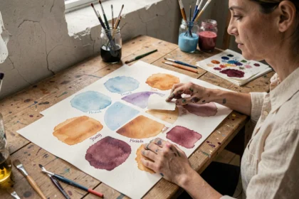 Vue de dessus d'une table d'atelier avec des aquarelles représentant les douze mois de l'année en différentes couleurs, une femme les observe avec curiosité