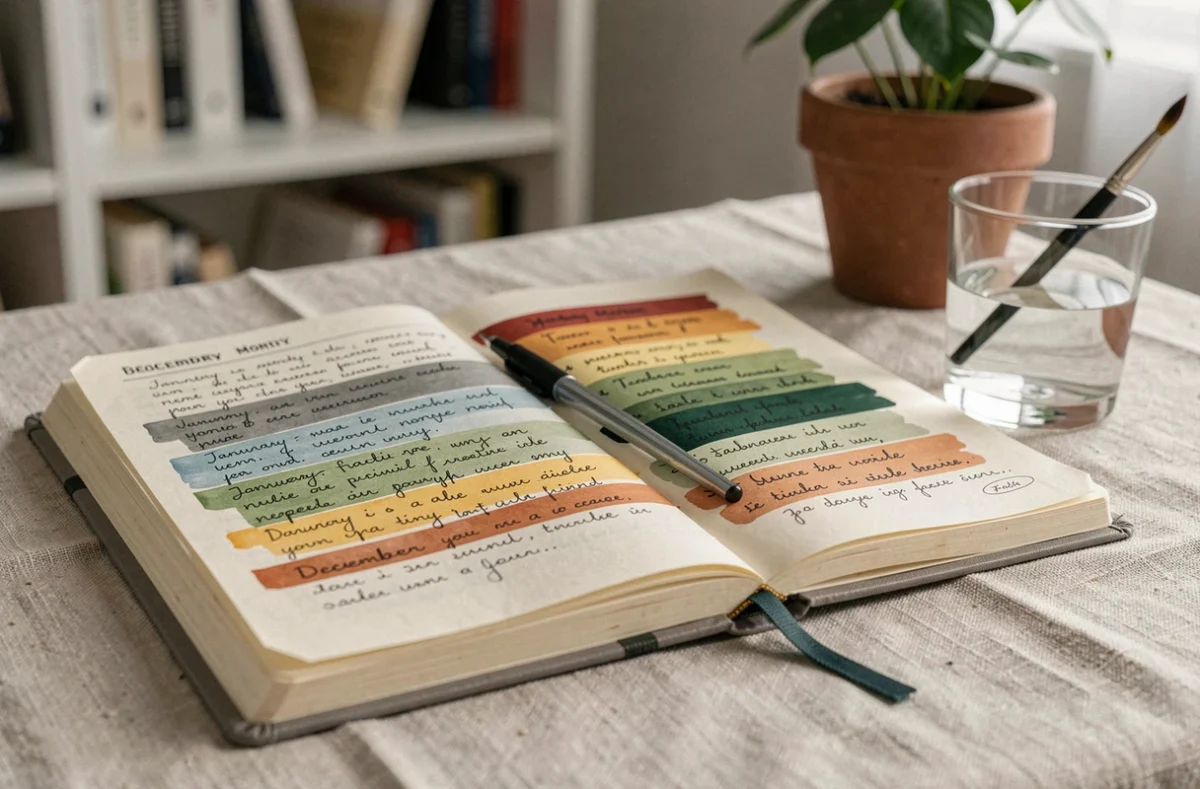 Gros plan d'un journal artisanal ouvert avec des onglets colorés associant chaque mois à une teinte précise, posé sur une nappe en lin dans un intérieur calme