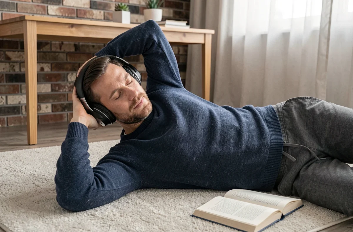 Homme allongé sur un tapis écoutant de la musique avec un casque dans un bureau minimaliste et apaisant