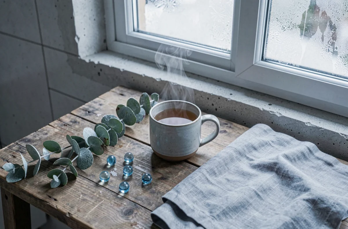 Nature morte hivernale avec tasse de thé, billes bleues et eucalyptus gelé sur table en bois, évoquant les teintes du froid