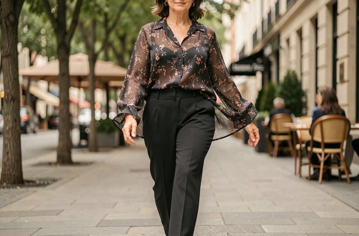 Femme en pantalon noir droit avec blouse ample pour dissimuler le ventre en ville