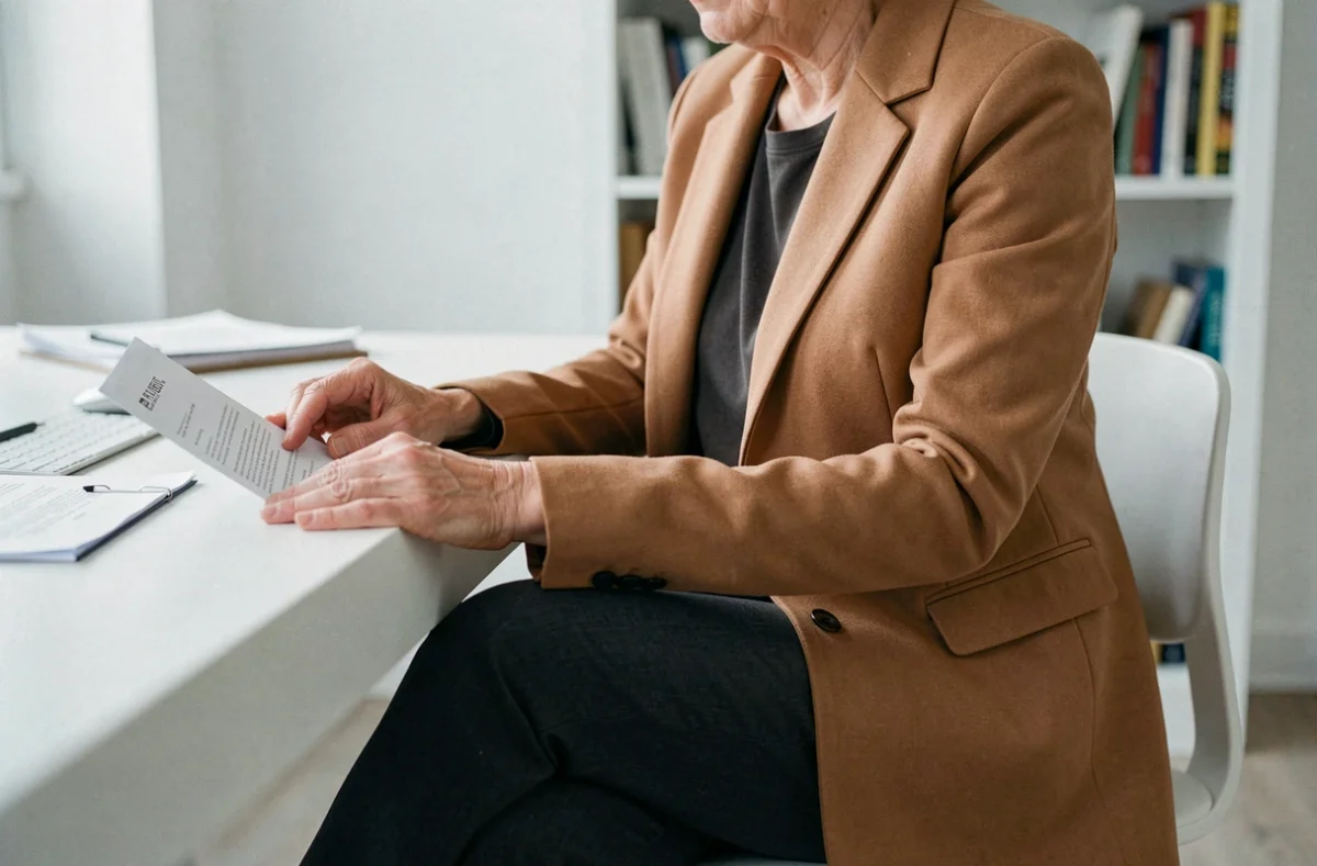 Femme mature en pantalon élastiqué et blazer long pour camoufler le ventre au bureau
