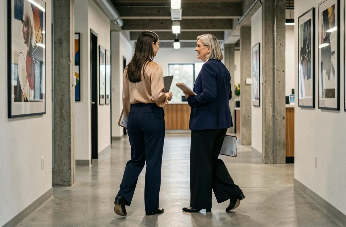 Deux femmes professionnelles marchant dans un couloir de bureau portant des pantalons larges tendance en 2024
