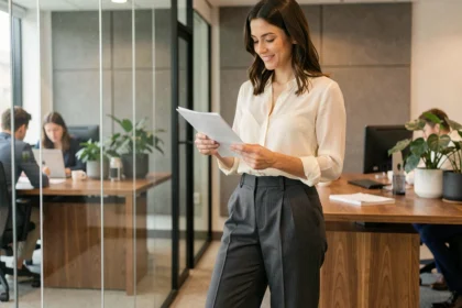 Femme en pantalon large gris en laine portant un chemisier ivoire dans un bureau moderne open space en 2024