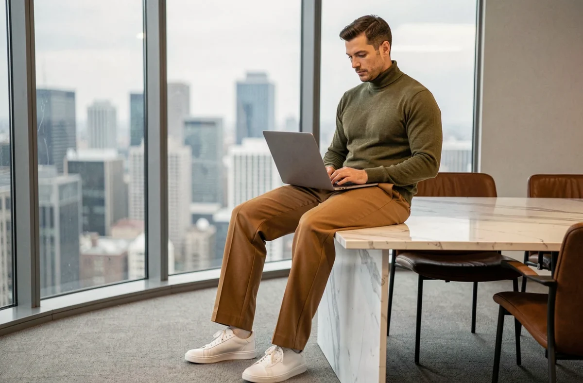 Homme en pantalon large camel et col roulé olive dans une salle de réunion épurée avec vue urbaine