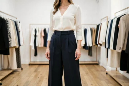 Femme portant un pantalon taille haute à jambe large pour affiner la silhouette et camoufler le ventre