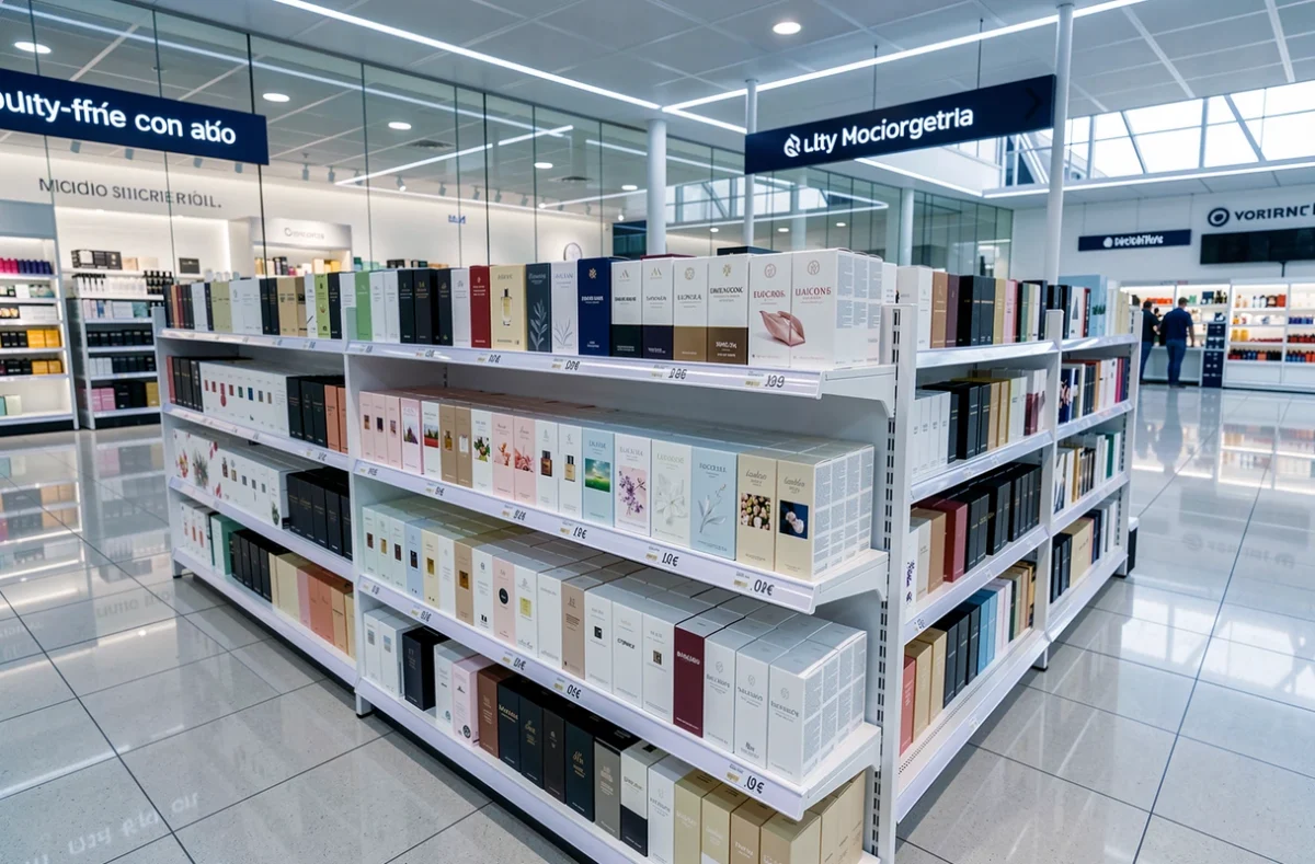 Rayon de parfums de marque dans une boutique duty-free d'un aéroport espagnol