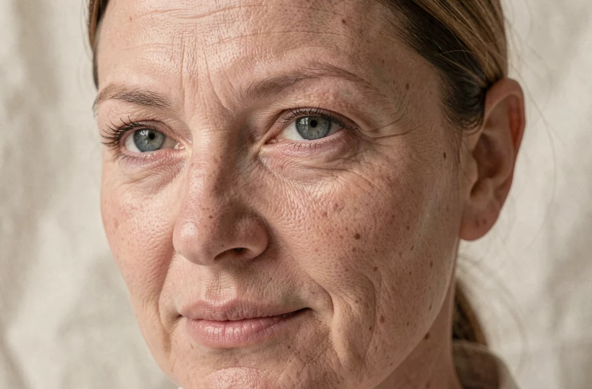 Gros plan sur la peau naturelle d'une femme de 45 ans sans maquillage, montrant les rides fines autour des yeux pour illustrer les effets du maquillage quotidien sur le vieillissement cutané