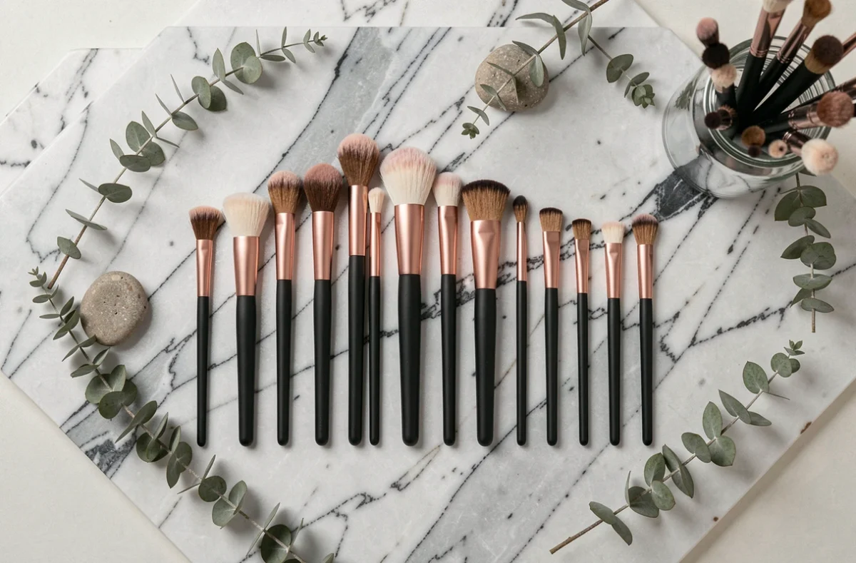 Assortiment de pinceaux vegan à poils synthétiques disposés en flat lay sur marbre avec éléments botaniques