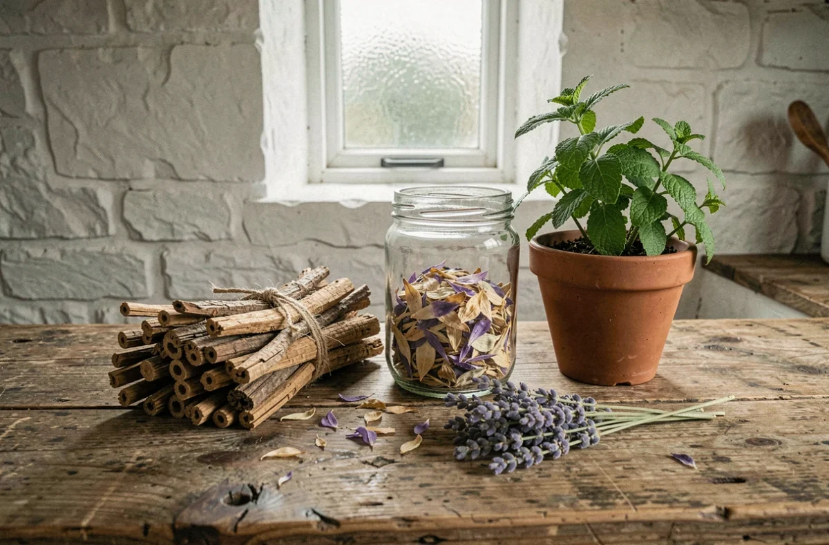 Collection de plantes médicinales séchées sur un comptoir en bois rustique, incluant valériane, passiflore et mélisse pour le sommeil