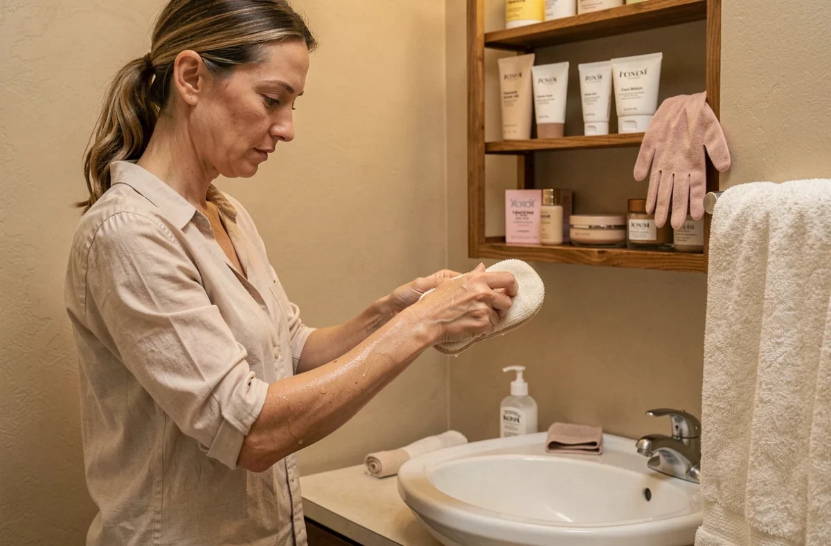 Femme exfoliant son coude avec un gant avant l'application d'autobronzant pour éviter les zones sèches et inégales