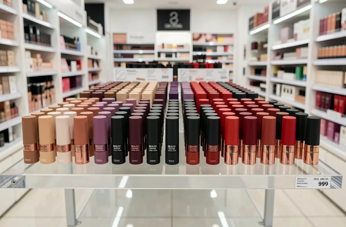 Rangée de rouges à lèvres mats en différentes teintes exposés sur un présentoir en magasin de beauté