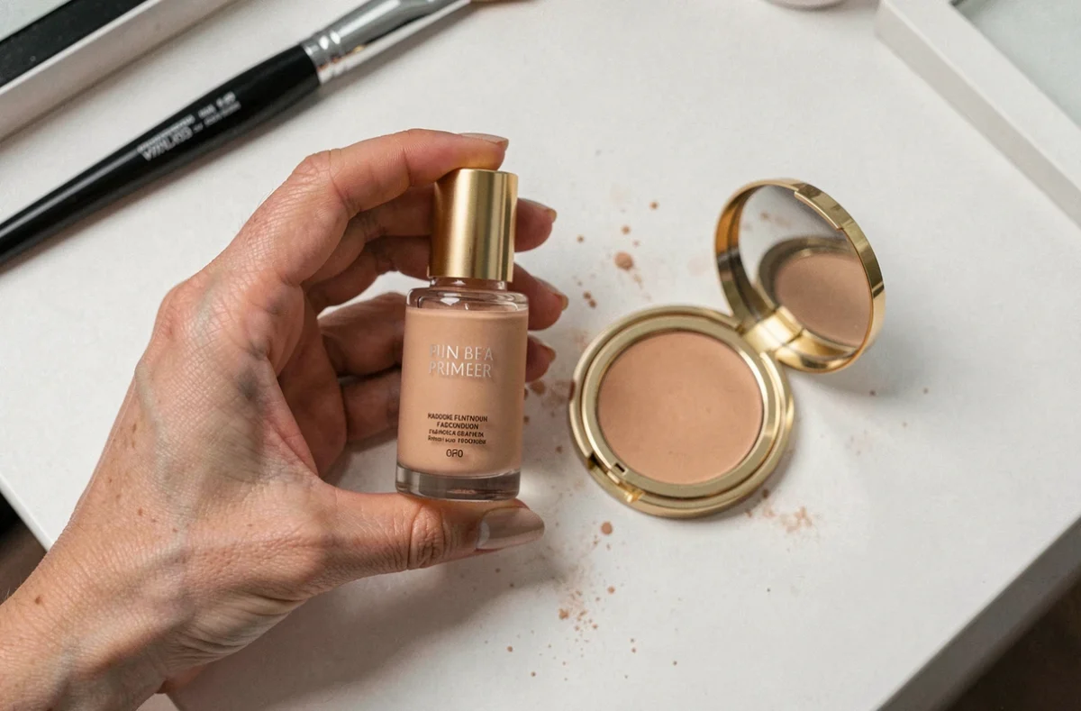 Gros plan d'un primer et d'un fond de teint liquide posés sur une coiffeuse blanche, illustrant les étapes du maquillage