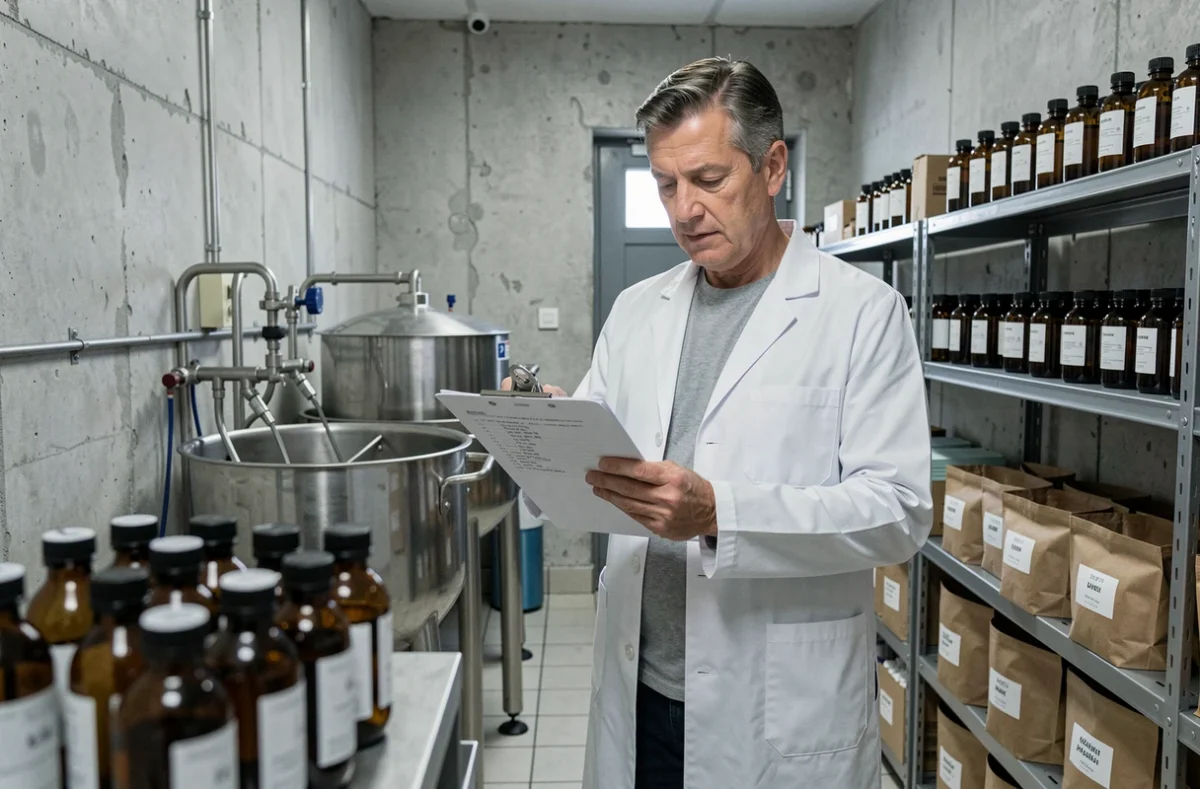 Technicien en blouse blanche contrôlant la production de cosmétiques bio dans une usine artisanale