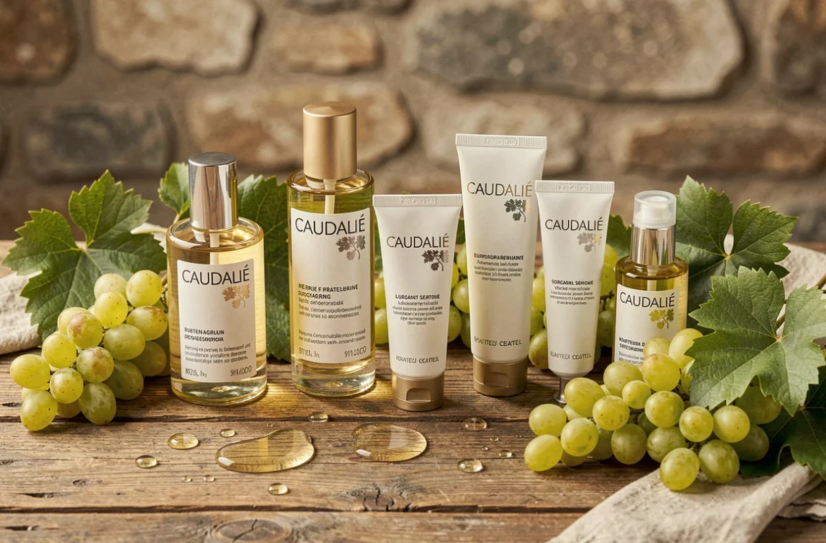 Gamme de produits cosmétiques Caudalie disposés sur bois avec des raisins et feuilles de vigne