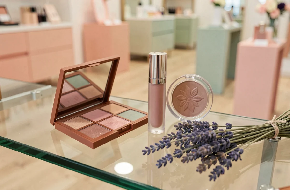 Sélection de produits de maquillage tendance printemps disposés sur un présentoir de boutique