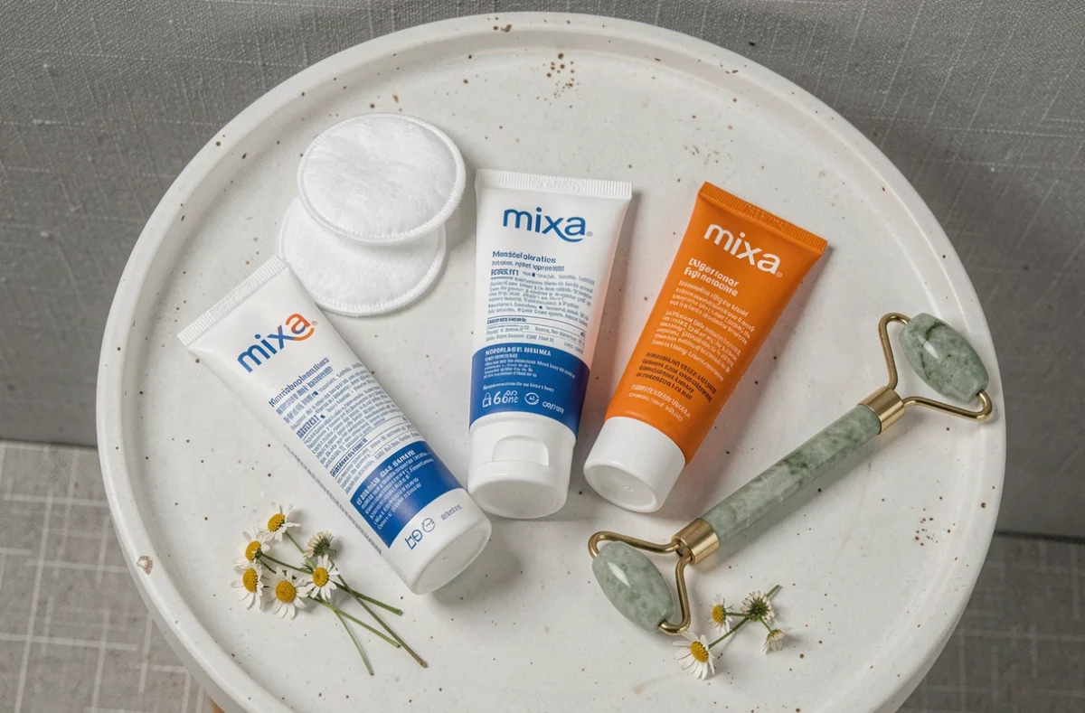 Produits de soin Mixa disposés en flat lay sur une surface en céramique blanche avec des cotons et accessoires de beauté, vue de dessus